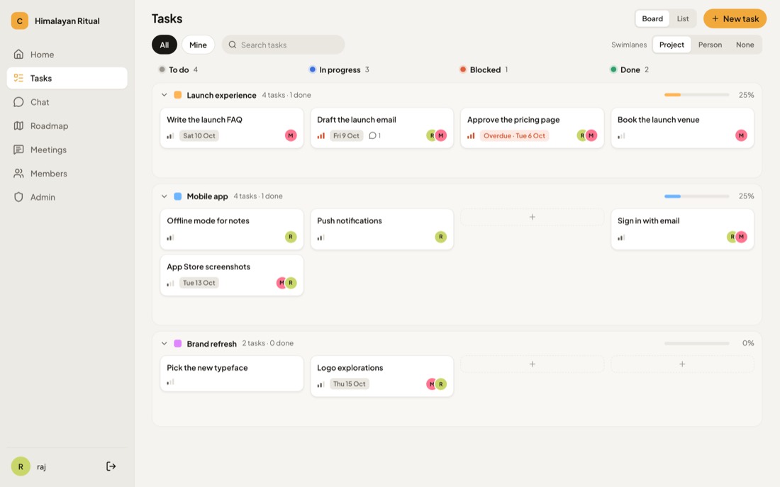 Collab task board with swimlanes for three projects
