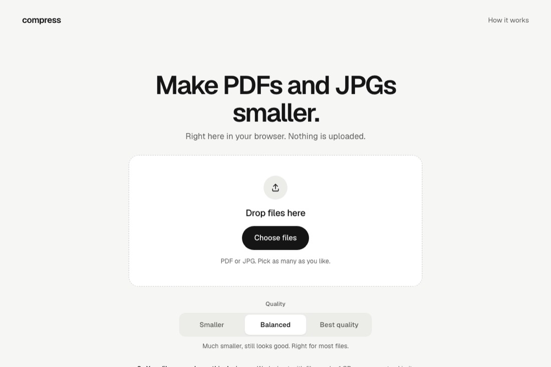 Compress home screen: make PDFs and JPGs smaller, nothing is uploaded