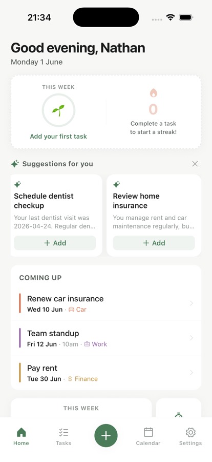 Softly home screen showing suggestions and upcoming tasks