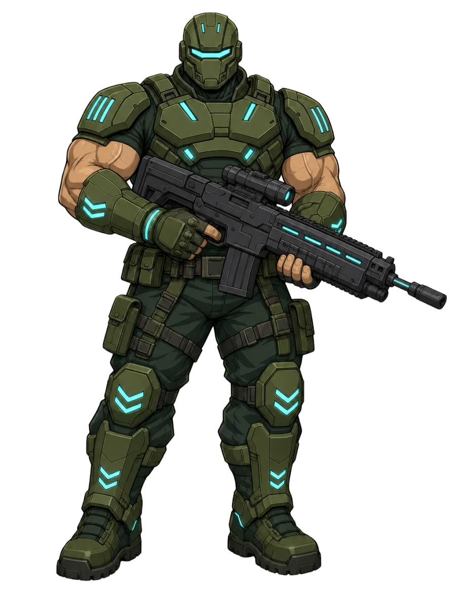 The Warden, an armoured soldier holding a rifle